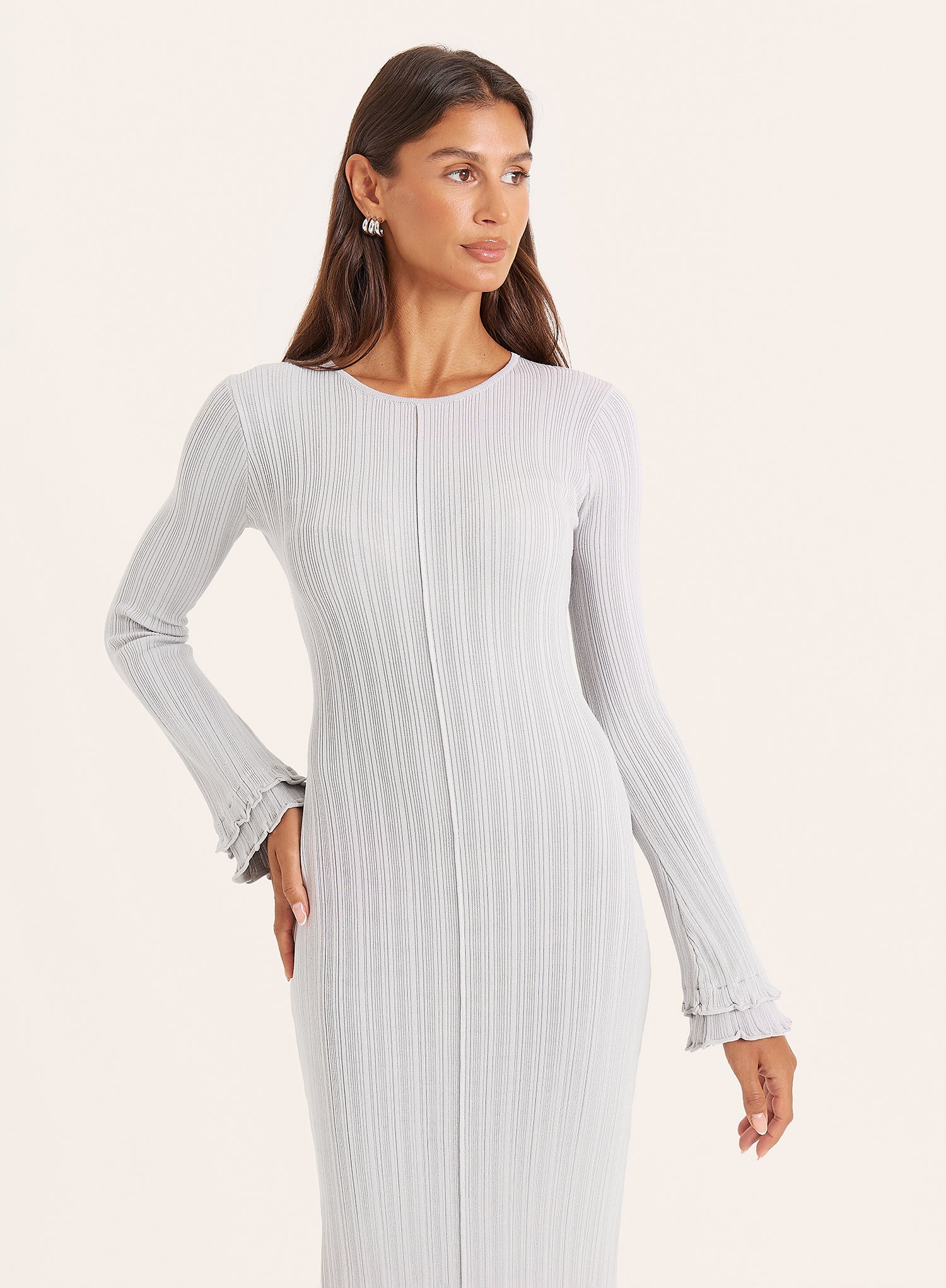 Grey Knitted Ribbed Maxi Dress